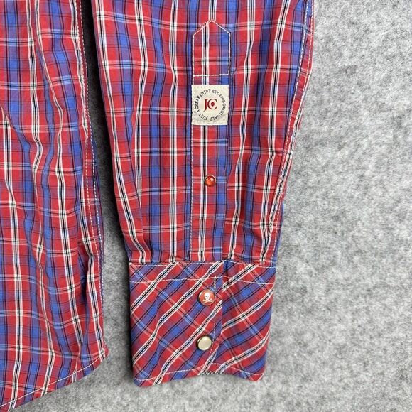 Jachs Western Shirt Mens S Red Blue Plaid Button Roll Tab Cowboy Rodeo Pockets - Picture 5 of 15